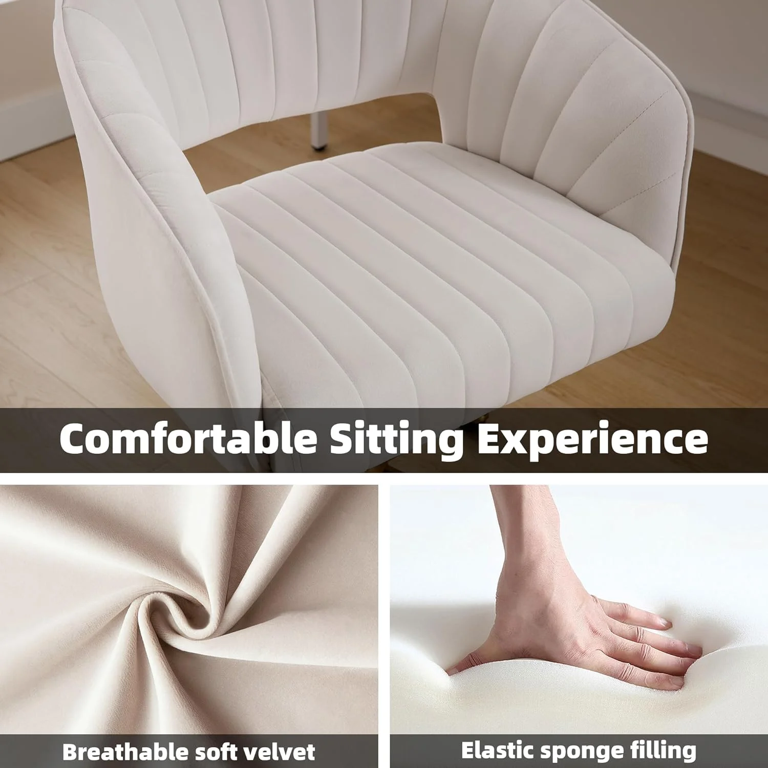 Westice Home Office Desk Chairs, Velvet Task Chair, Height Adjustable Swivel Vanity Chair with Golden Base for Vanity Study, Living Room Computer Room, Beige - Image 14