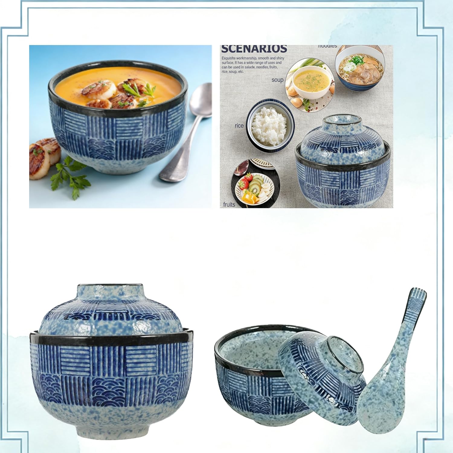 Japanese Ceramic Soup Bowls with Lid & Spoon Perfect for Miso Soup, This Set Includes Spoons & Lids, Making It Ideal for Family Dinners and Special Occasions. An Elegant Addition to Your Home Kitchen