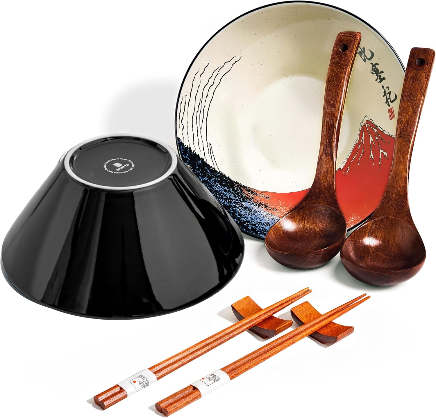 BICETTO Japanese Ramen Bowl Set with Great Wave Design - 60oz Large Ceramic Bowls, Spoons, Chopsticks for Ramen, Pho, Salad, Poke - Premium Gift for Ramen Lovers - Microwave & Dishwasher Safe