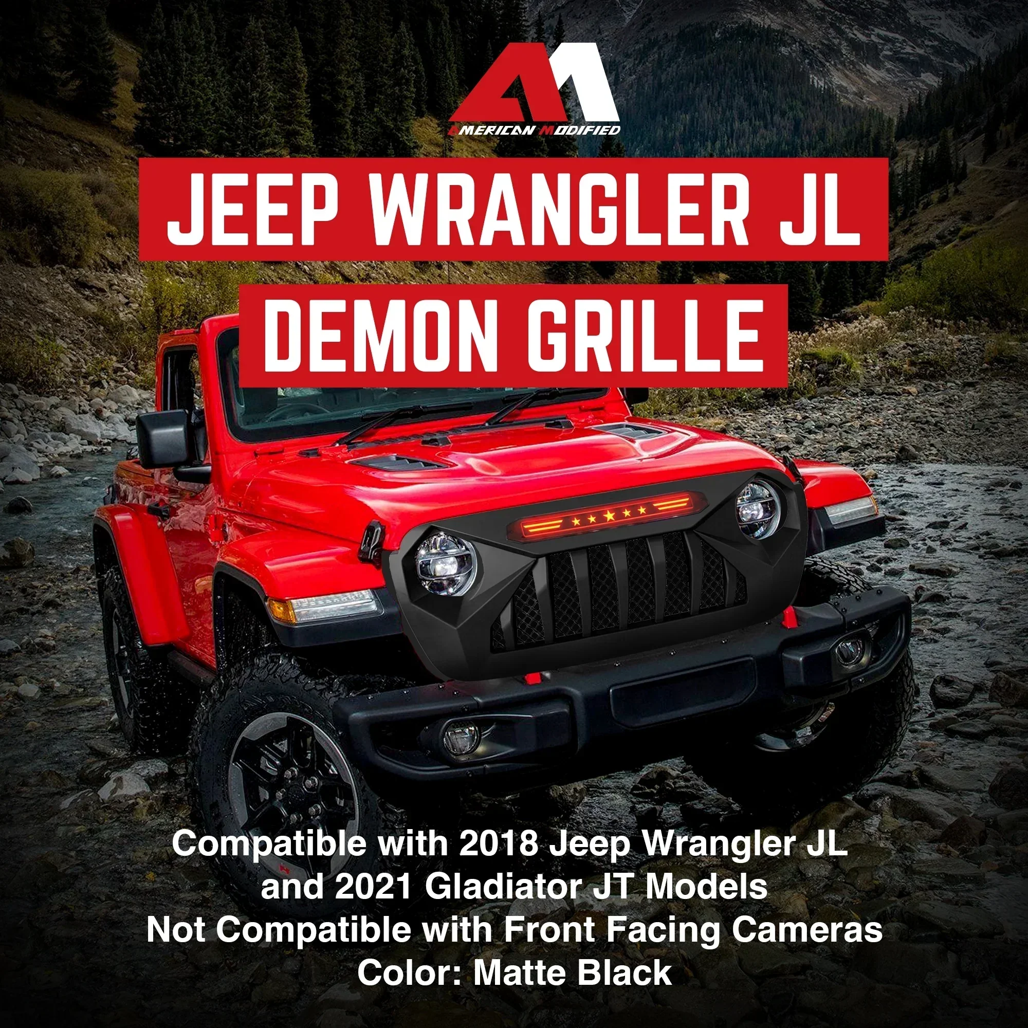 AMERICAN MODIFIED Demon Grille With Red Lights For 18-21 Wrangler/Gladiator - Image 2 AMERICAN MODIFIED Demon Grille With Red Lights For 18-21 Wrangler/Gladiator - Image 2