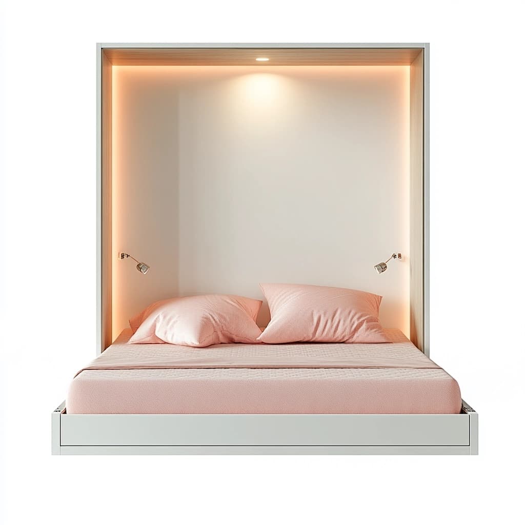 Cama Abatible Matrimonial Marco Blanco Tela Rosa Iluminación Integrada