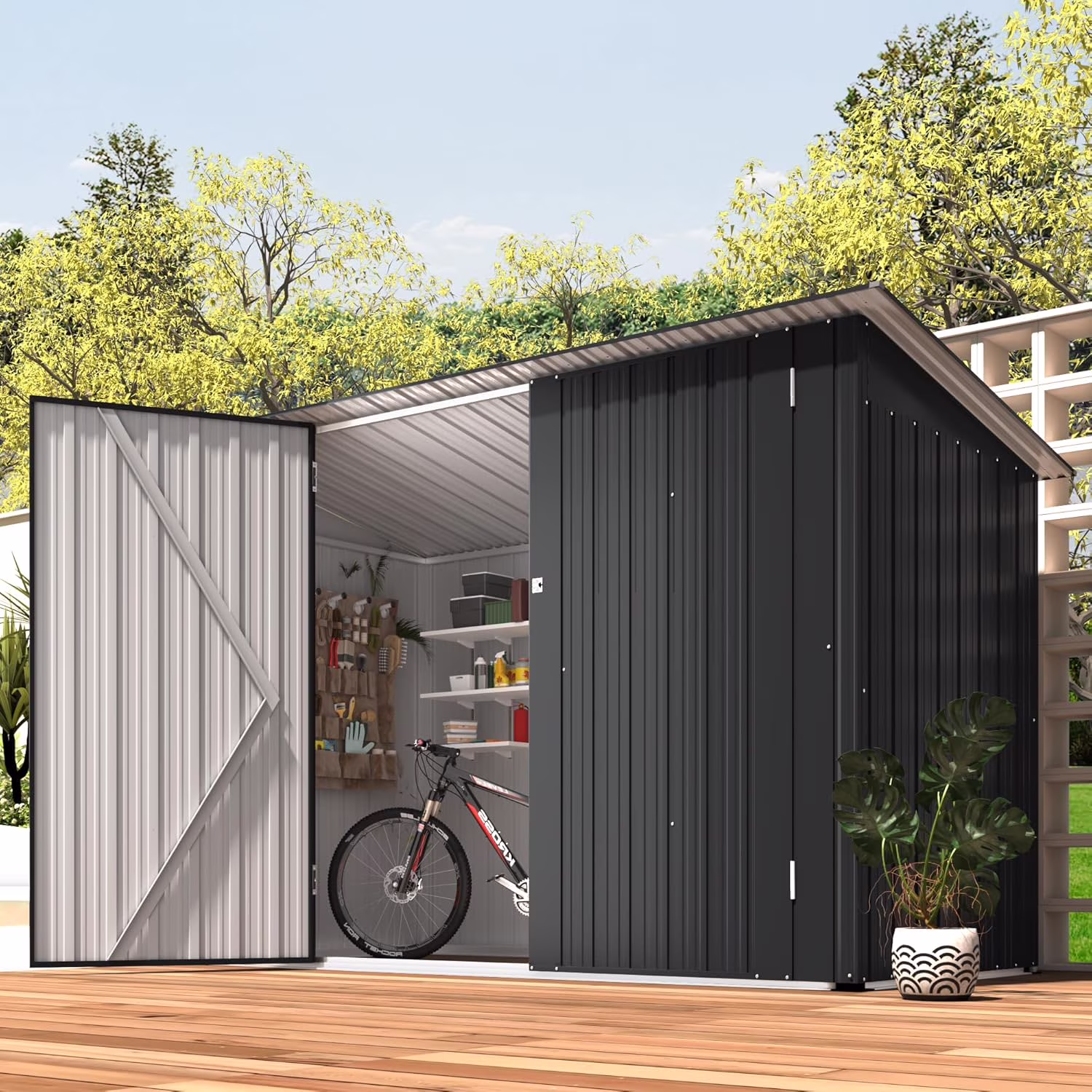 YODOLLA Outdoor Storage Shed, 3 x 7 Ft Bike Sheds & Outdoor Storage, Small Metal Outdoor Storage Cabinet for Garden