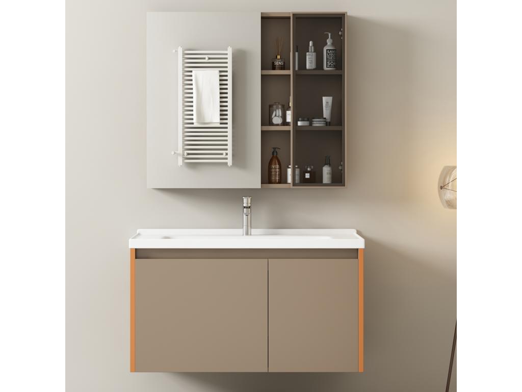 Conjunto de mueble con espejo y lavabo suspendido con nicho - lavabo empotrado - anchura 90 cm - madera MDF - marrón