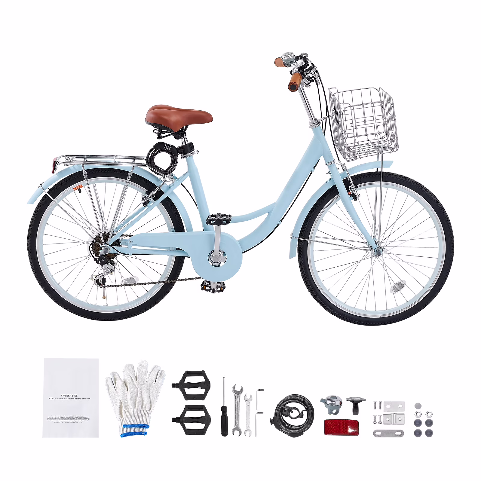 KFFKFF 26" Cruiser Bike, 7 - Speed, Pale Blue Coastal Riding Bike with Spacious Basket and Back Stand, Safe Robust Bicycle with Modifiable Saddle