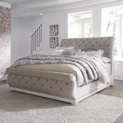Antique White King Sleigh Bed with Upholstered Design from Magnolia Manor