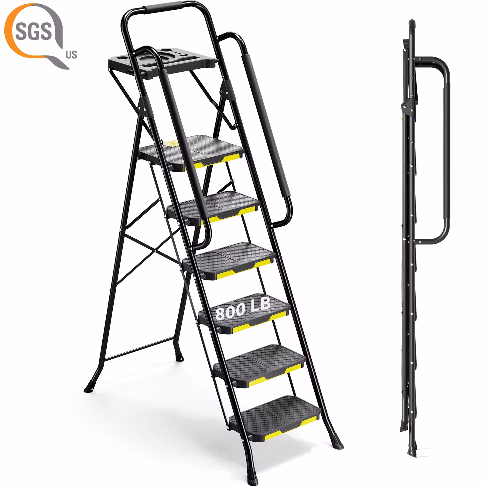 KK KINGRACK 6 Step Ladder, Metal Ladder with Tool Platform&Handrails, 800 lbs Capacity, Black