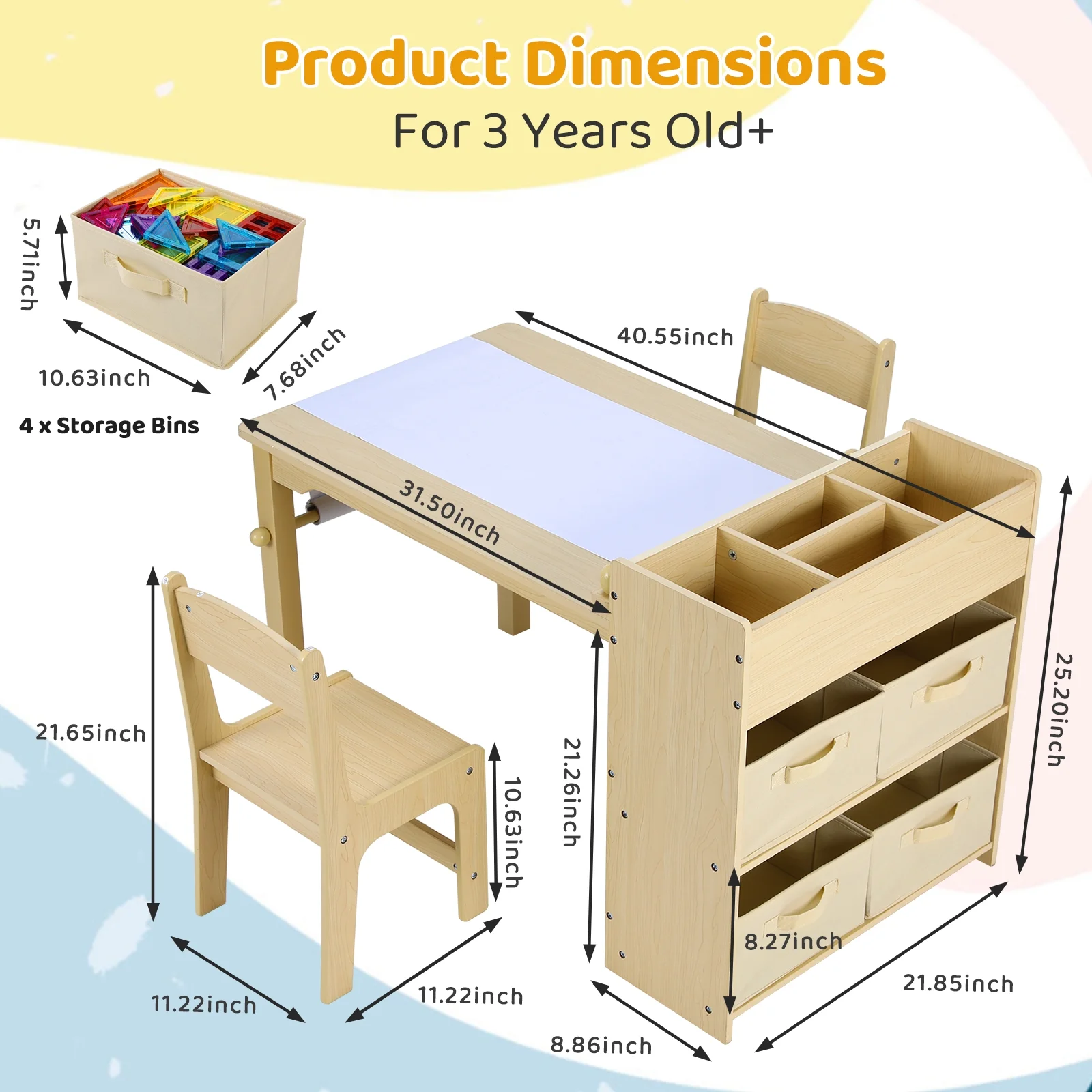 Pirecart Kids Art Table and 2 Chairs Toddler Craft Set Wooden Play Activity Drawing Table with 4 Storage Bins and Paper Roll - Image 6