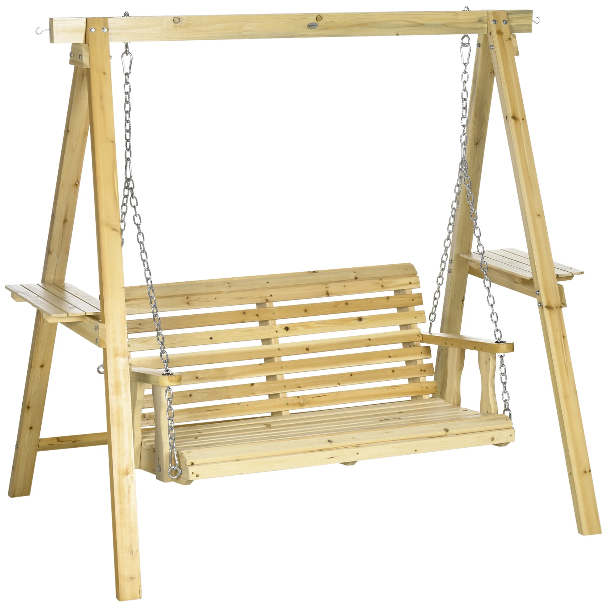 Outsunny 2-Seat Outdoor Swing Chair, Porch Swing with Stand and Side Tables, for Garden, Poolside, Backyard, Natural - Image 2