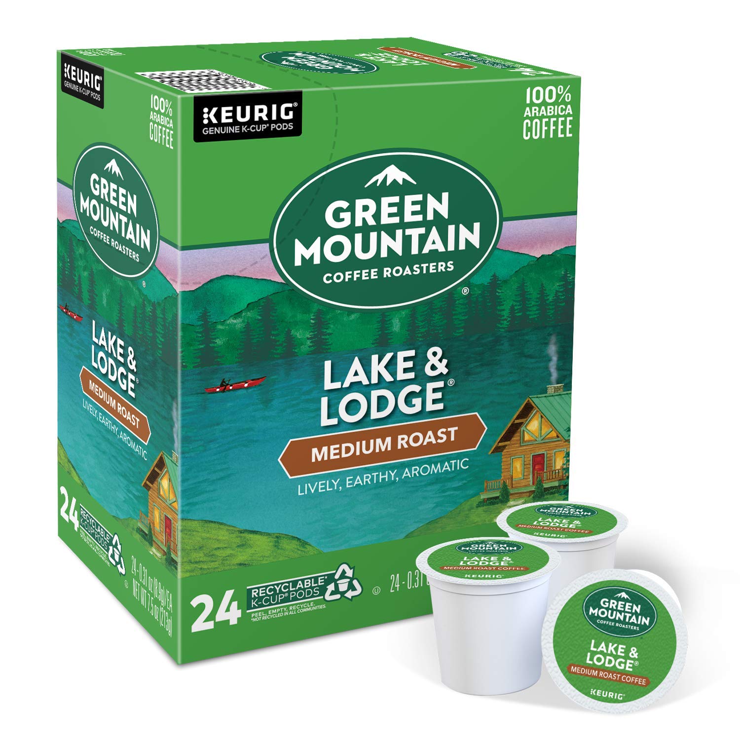 Green Mountain Coffee Roasters Lake & Lodge Keurig Single-Serve K-Cup pods. Medium Roast Coffee. 24 Count