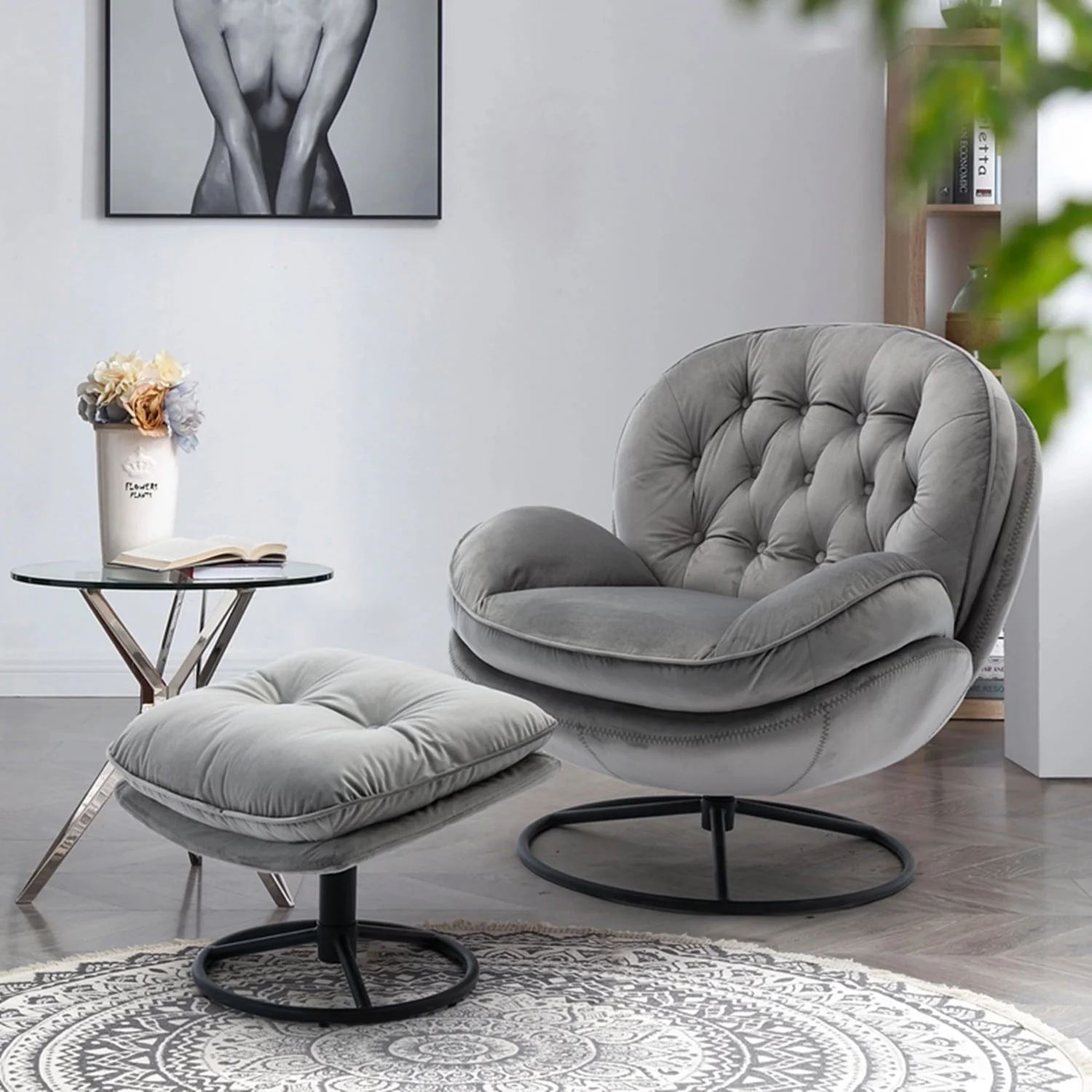 Velvet Swivel Accent Chair with Ottoman Set, Modern Lounge Chair with Footrest and Metal Base Comfy Armchair with 360 Degree Swiveling Single Sofa Chair Accent Chairs for Living Room, Green - Image 10