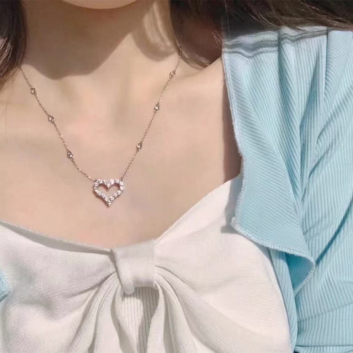 Tiffany Diamond Paved Love Heart Pendant Necklace in White Gold Color - Original Replica Club