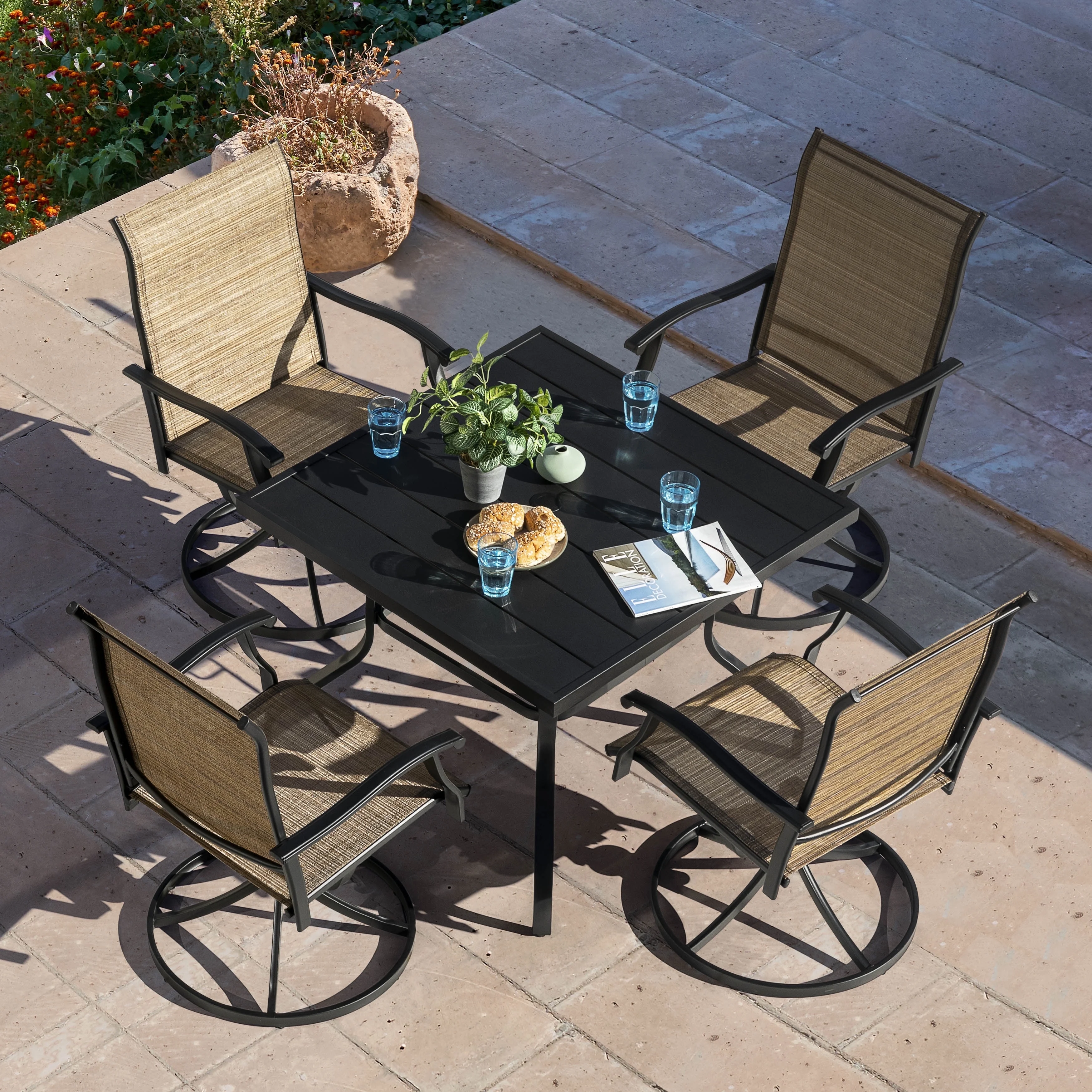 Nuu Garden 5 Piece Outdoor Patio Dining Set, Metal Patio Furniture Set 4 Textilene Swivel Chairs and 37" Square Iron Umbrella Dining Table,Black and Brown - Image 4