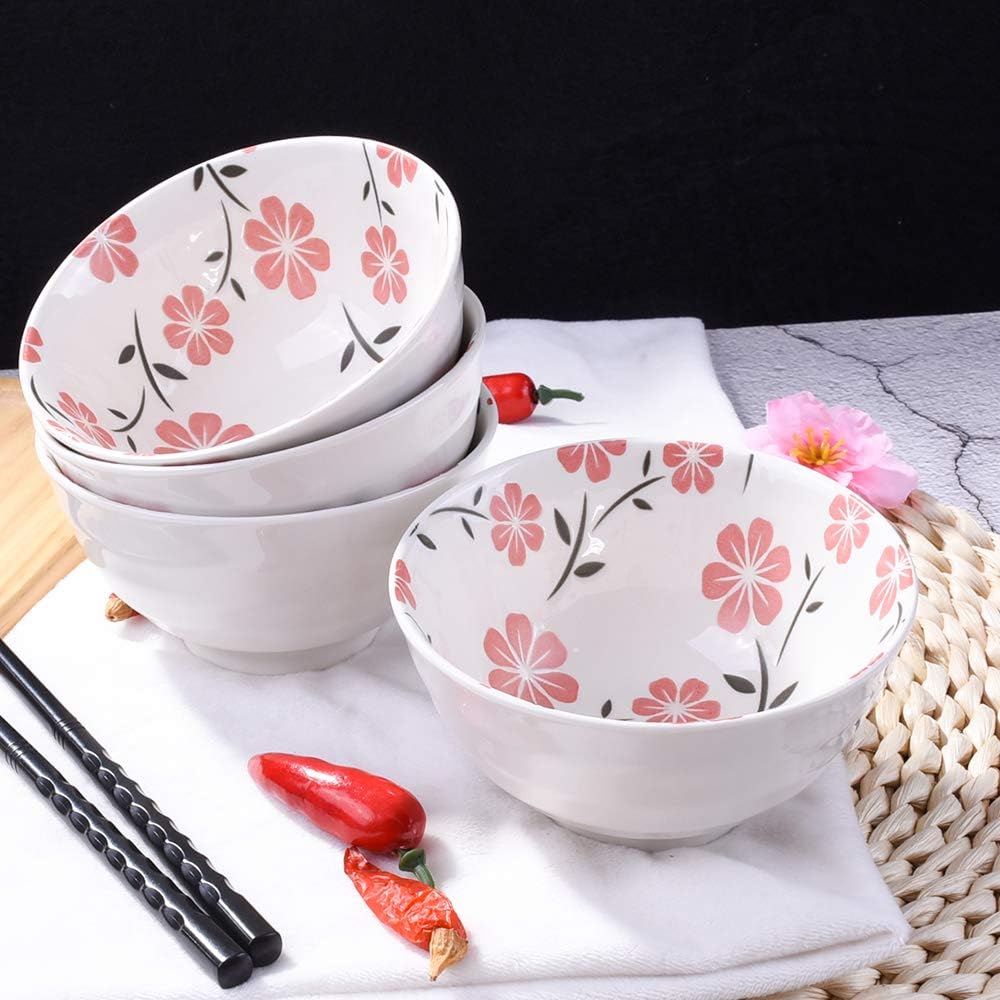 Japanese Ceramic Rice & Sushi Bowls Set – 4 Pack White Cherry Blossom Design, Microwave & Dishwasher-Safe, Elegant Dinnerware for Home, Restaurants
