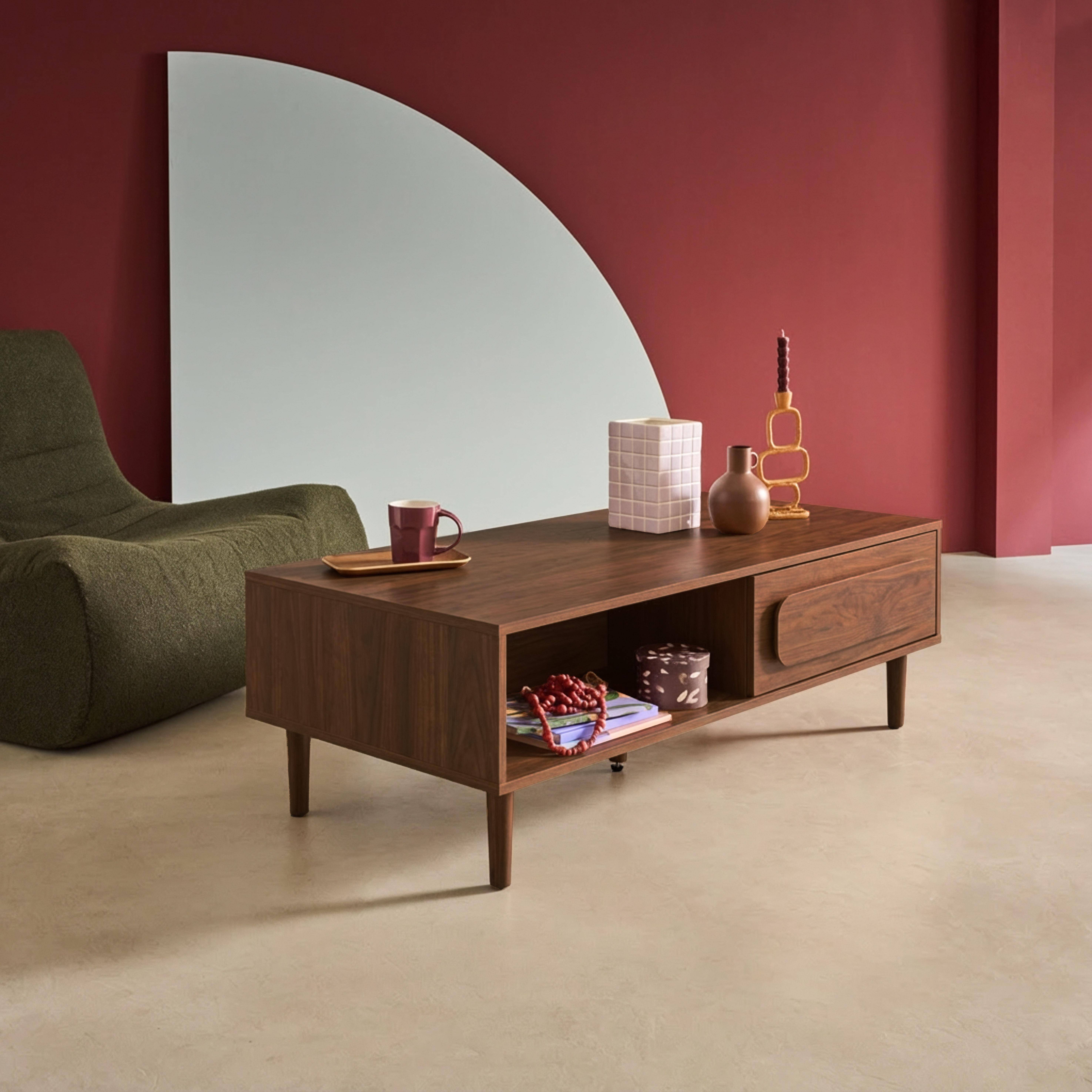Juliana - Mesa de centro vintage con efecto madera y 1 cajón