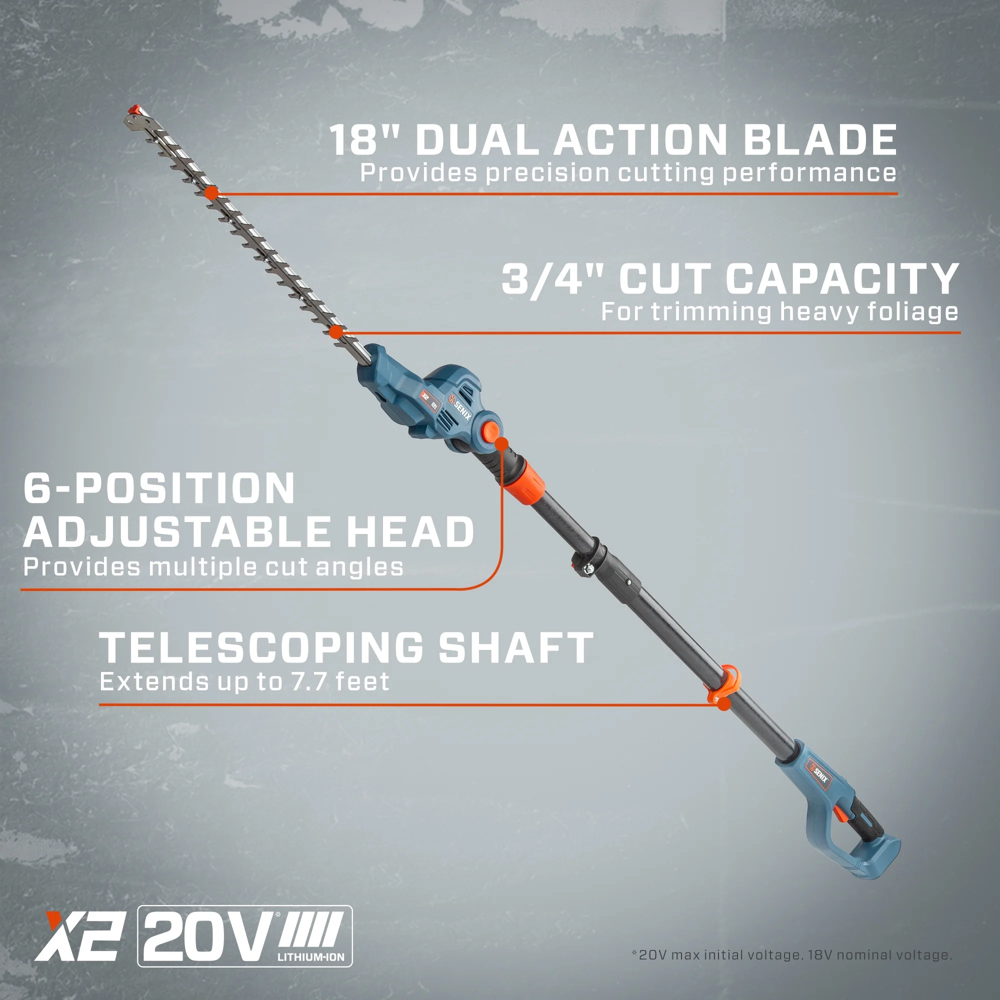 SENIX 20 Volt Max* Cordless Pole Hedge Trimmer 18-Inch Cutting / 21-inch Blade Length with Adjustable Head & Telescoping Shaft, Battery & Charger included, HTPX2-M - Image 12