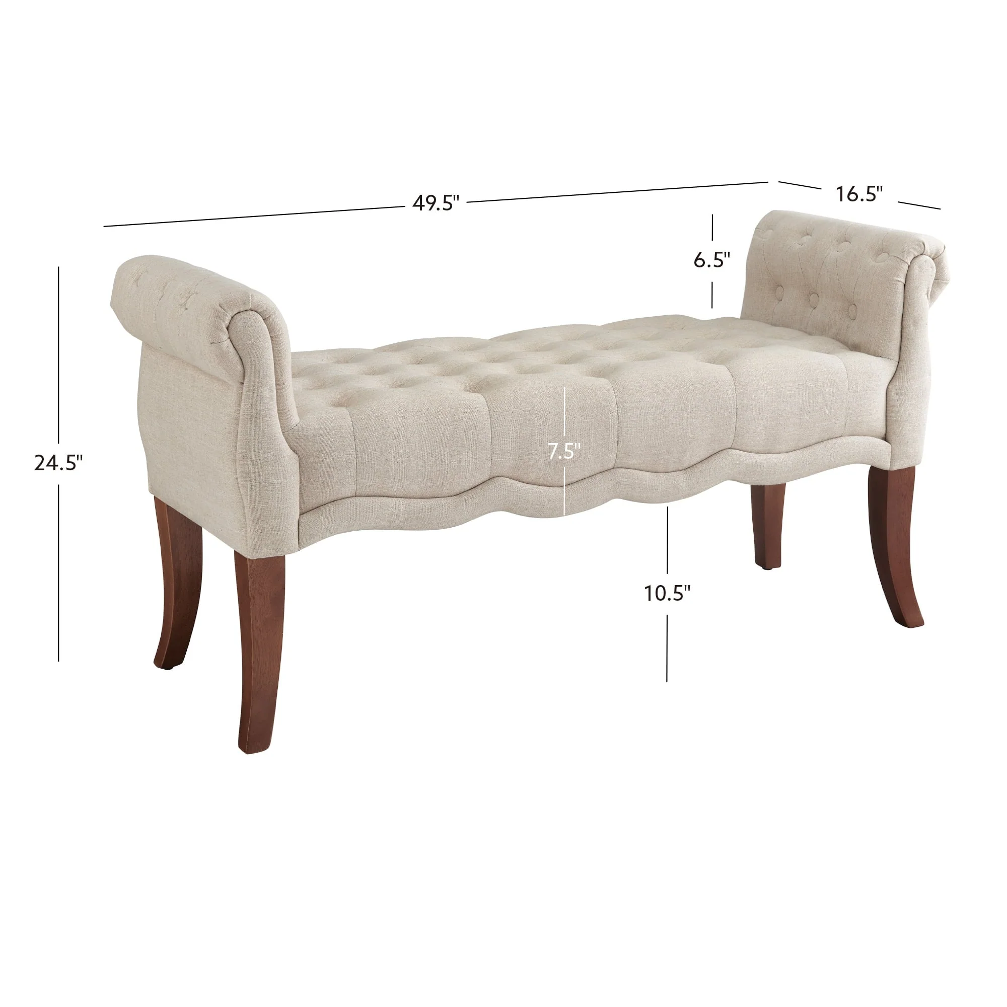Linon Menlo Rolled Arm Button Tufted Bench, Dark Walnut Finish with Natural Fabric - Image 10