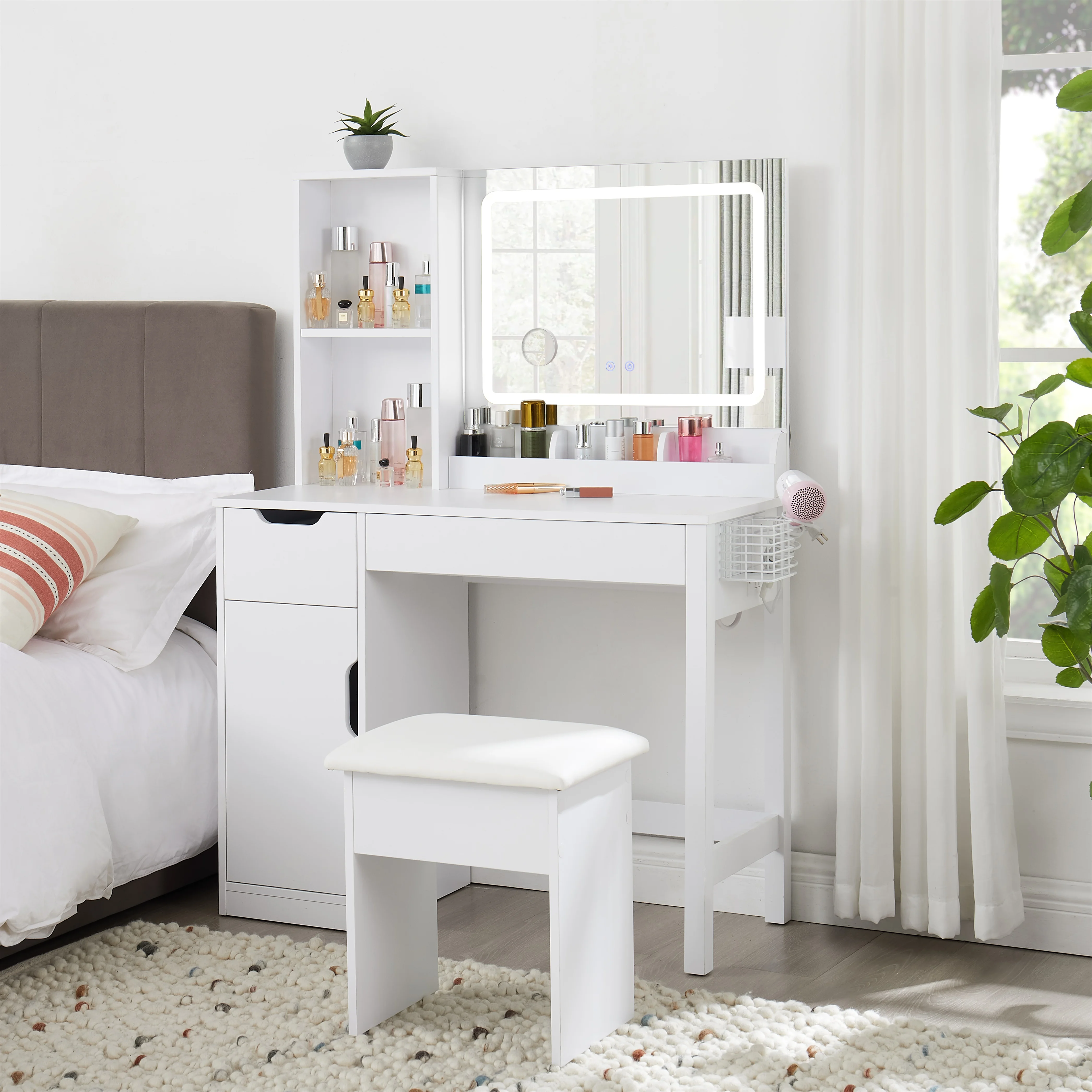 Mainstays Get Ready with Me GRWM Deluxe 2-Piece Vanity and Stool with Lighted Mirror and USB Power, White Finish - Image 19