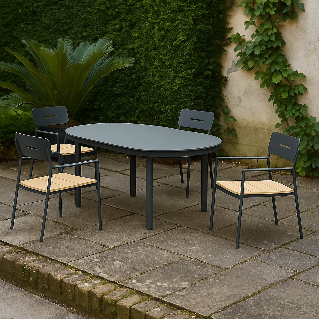 Conjunto de comedor de jardín para 4 personas,Asientos en madera y estructura metálica,Mesa ovalada,Negro - xZvSCCi176NH