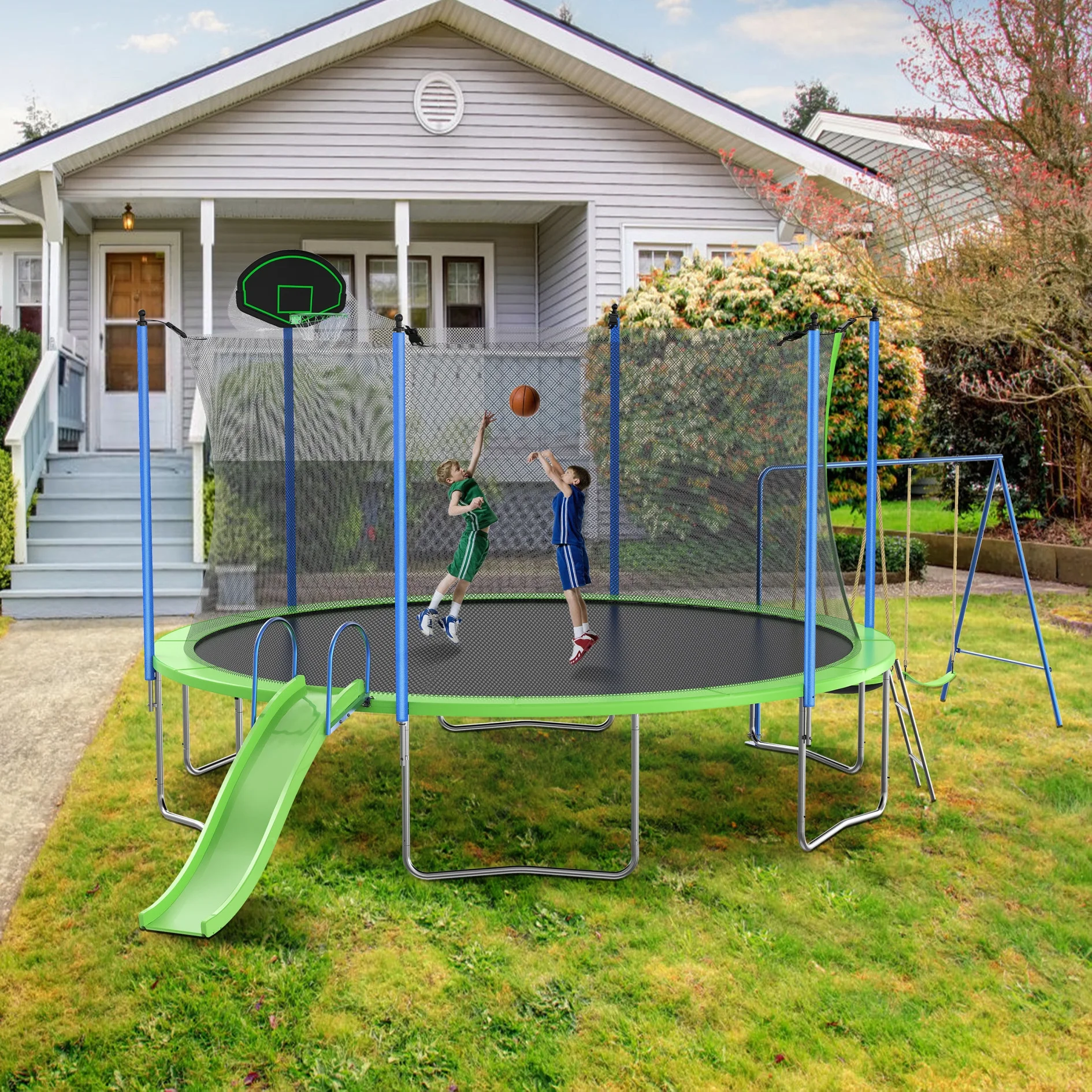 12FT Trampoline with Slide and Swings, Large Outdoor Backyard Trampoline with Basketball Hoop and Ladder for Kids and Adults - Image 10