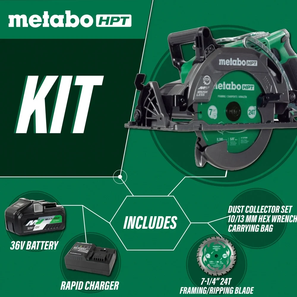 Metabo HPT 36V MultiVolt 7-1/4 Inch Rear Handle Circular Saw, Lightweight Design, Up to 500 2x4 Cuts Per Charge, 53- Adjustable Bevel Capacity