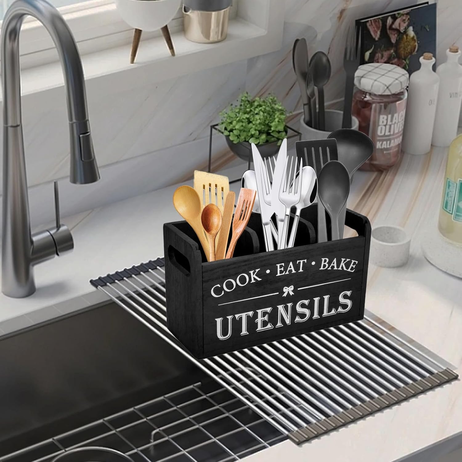 Kitchen Utensil Holder for Kitchen Counter, 3 Compartments Large Utensil Organizer with Drainer, Wooden Cutlery Caddy Holder, Cooking Tools Storage (Black)