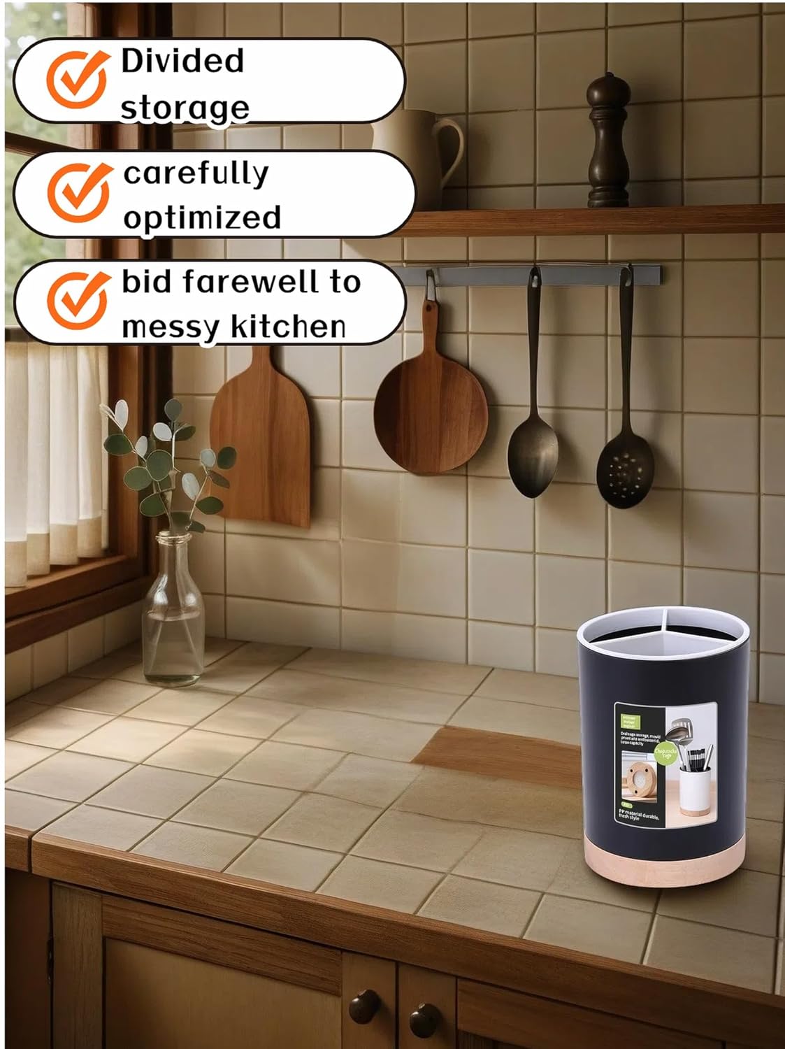 BUBBLE-FLY Modern Kitchen Utensil Holder with Drainage, Black and Wood Base, 3 Compartment Divided Organizer for Spoons Forks Knives, Countertop Caddy for Cooking Tools and Cutlery Storage- Non-Slip