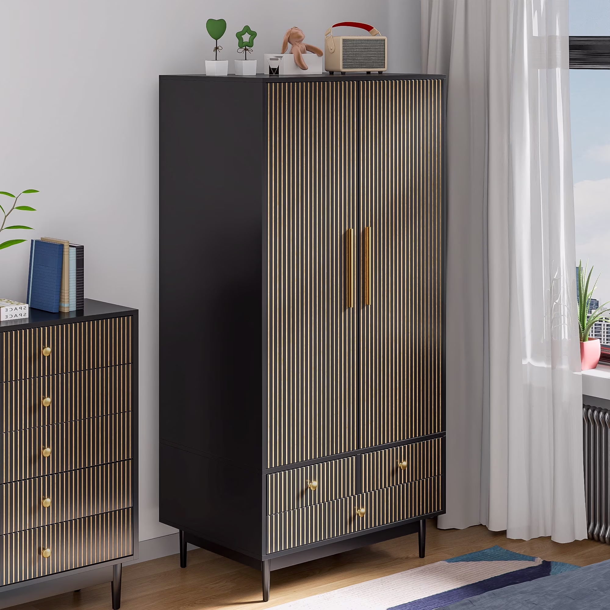 Oubayajia Wardrobe Armoire Closet, 2 Fluted Doors Wardrobe Cabinet with 3-Drawer and Hanging Rod, Wood Wardrobe Storage for Bedroom - Image 3