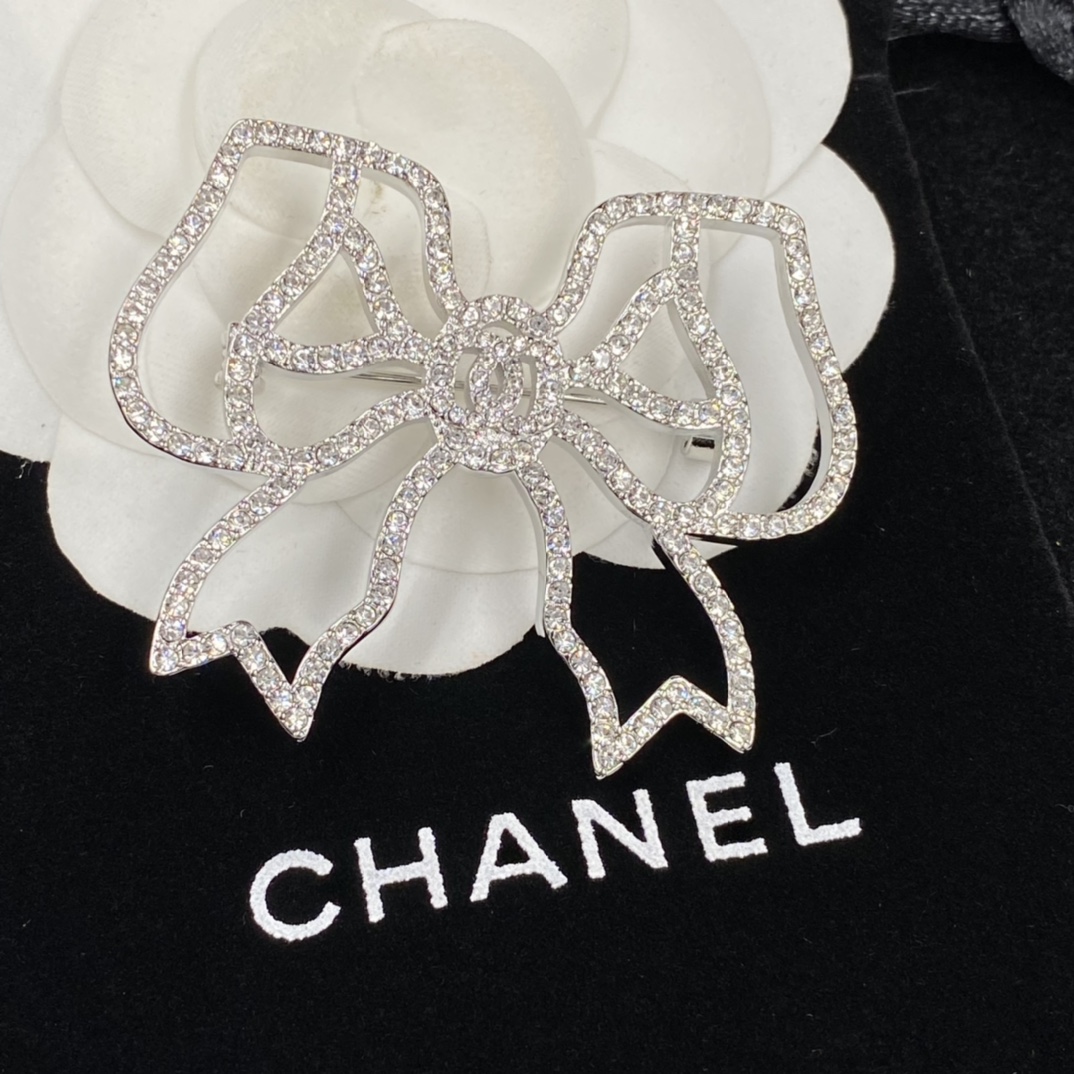 Chanel Full Diamond Paved Hollow Bow Silver Brooch - Original Replica Club