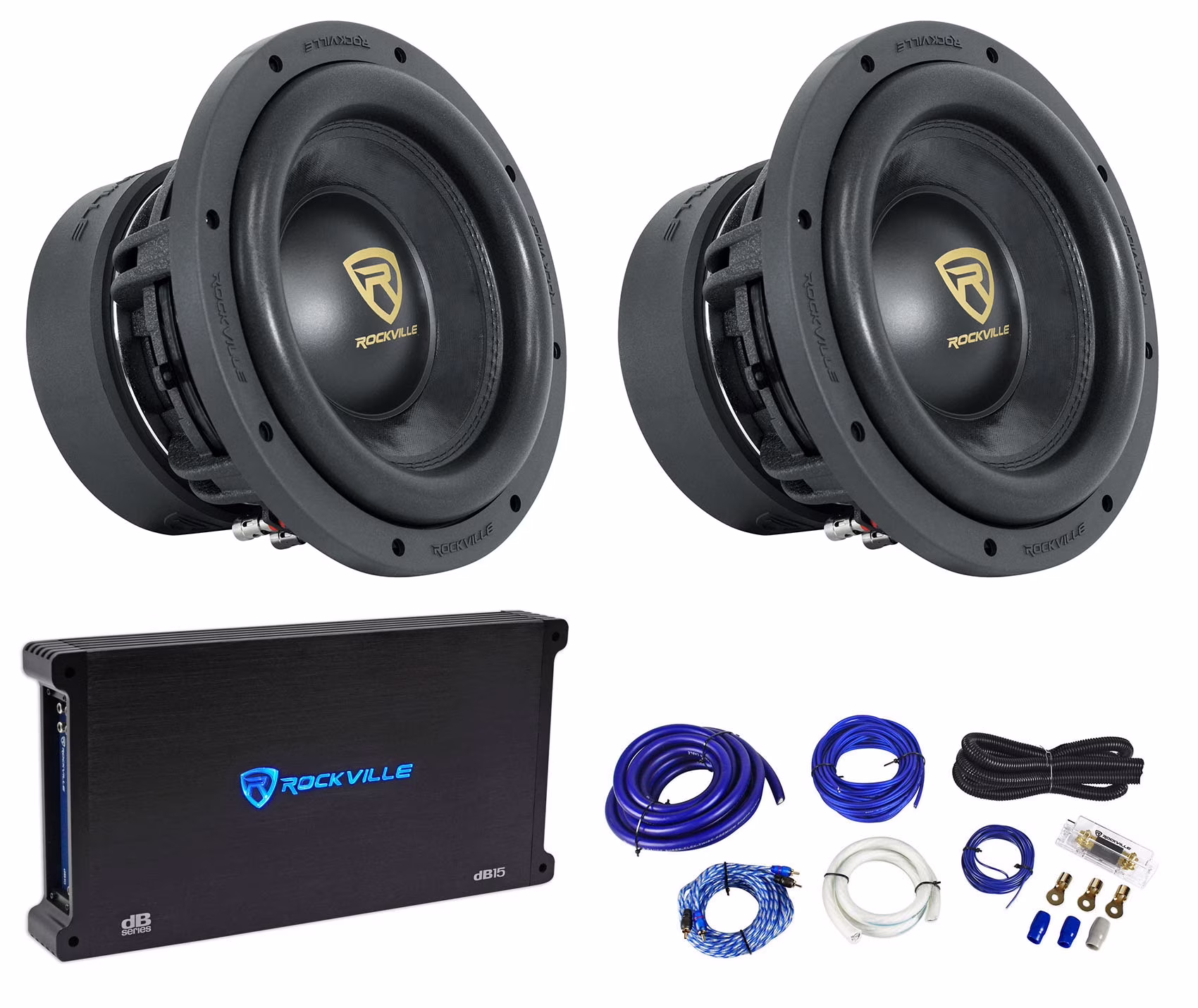 (2) Rockville W10K9D2 10" 6400 Watt Car Subwoofers+Mono Amplifier+Copper Amp Kit