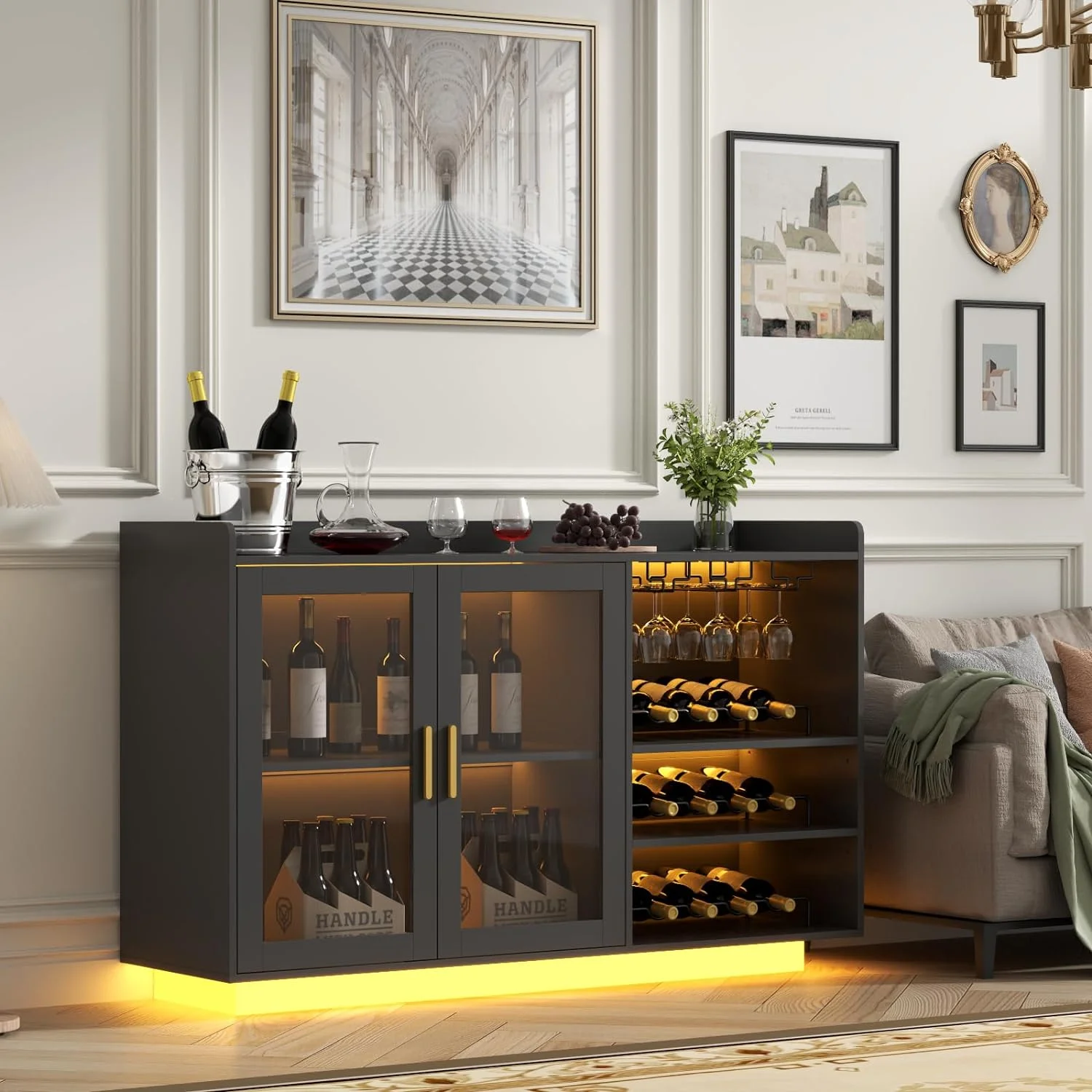 Wine Bar Cabinet with LED Lights, Floating Coffee Bar with Glass Rack and Removable Wine Racks, Modern Buffet Sideboard with Storage Shelves, Kithchen Bar with Glass Cabinet Doors - Image 5