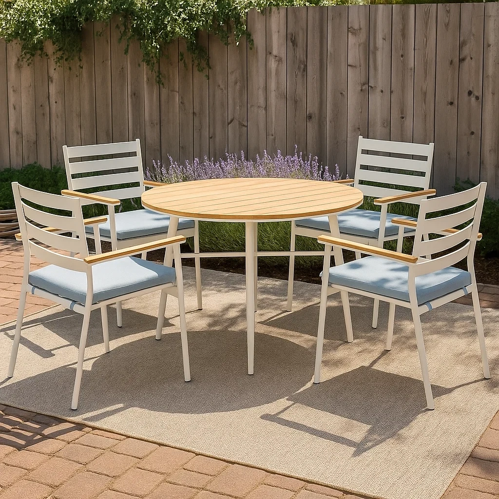 Conjunto de Comedor de Jardín Redondo para 4 Personas, Estructura de Acero con Respaldo de Madera, Incluye 1 Mesa y 4 Sillas con Cojines Azules, Color Blanco - qkTNjFp173CH