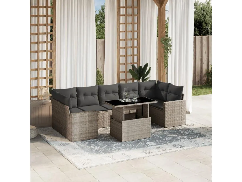 Set de sofás de jardín 8 pzas y cojines ratán sintético gris RTBX53537