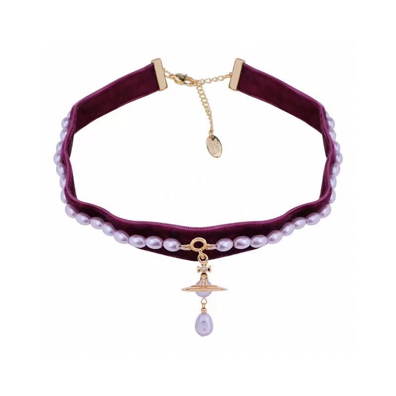 Vivienne Westwood Ribbon Saturn with Teardrop Pearl Pendant Necklace - Original Replica Club