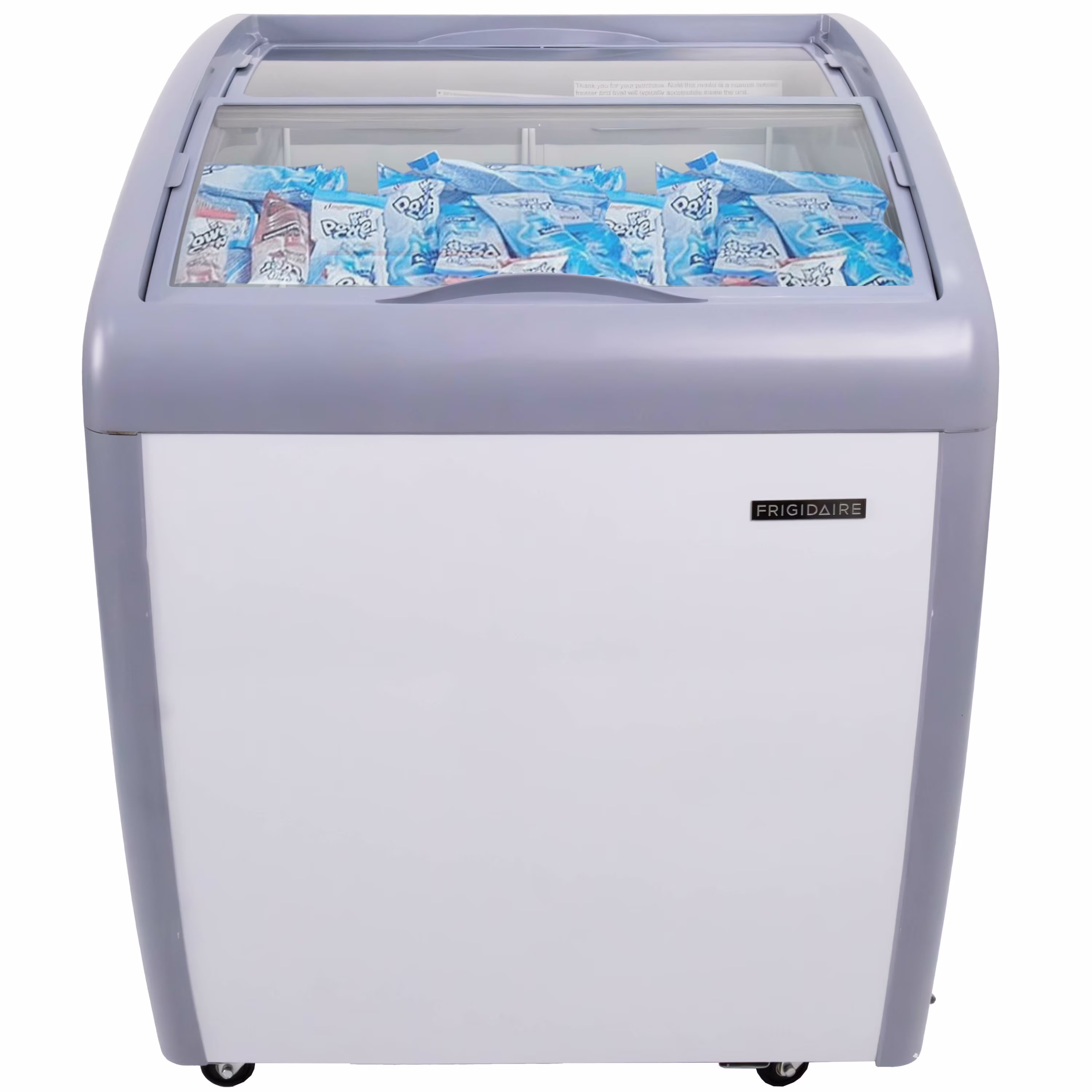 Frigidaire Commercial Chest Freezer for Ice Cream and Frozen Foods, Glass Top Display Storage Case, 4 Cu. Ft. Bin, Rolling Caster Wheels, Adjustable Temperature, Energy Efficient Cooling