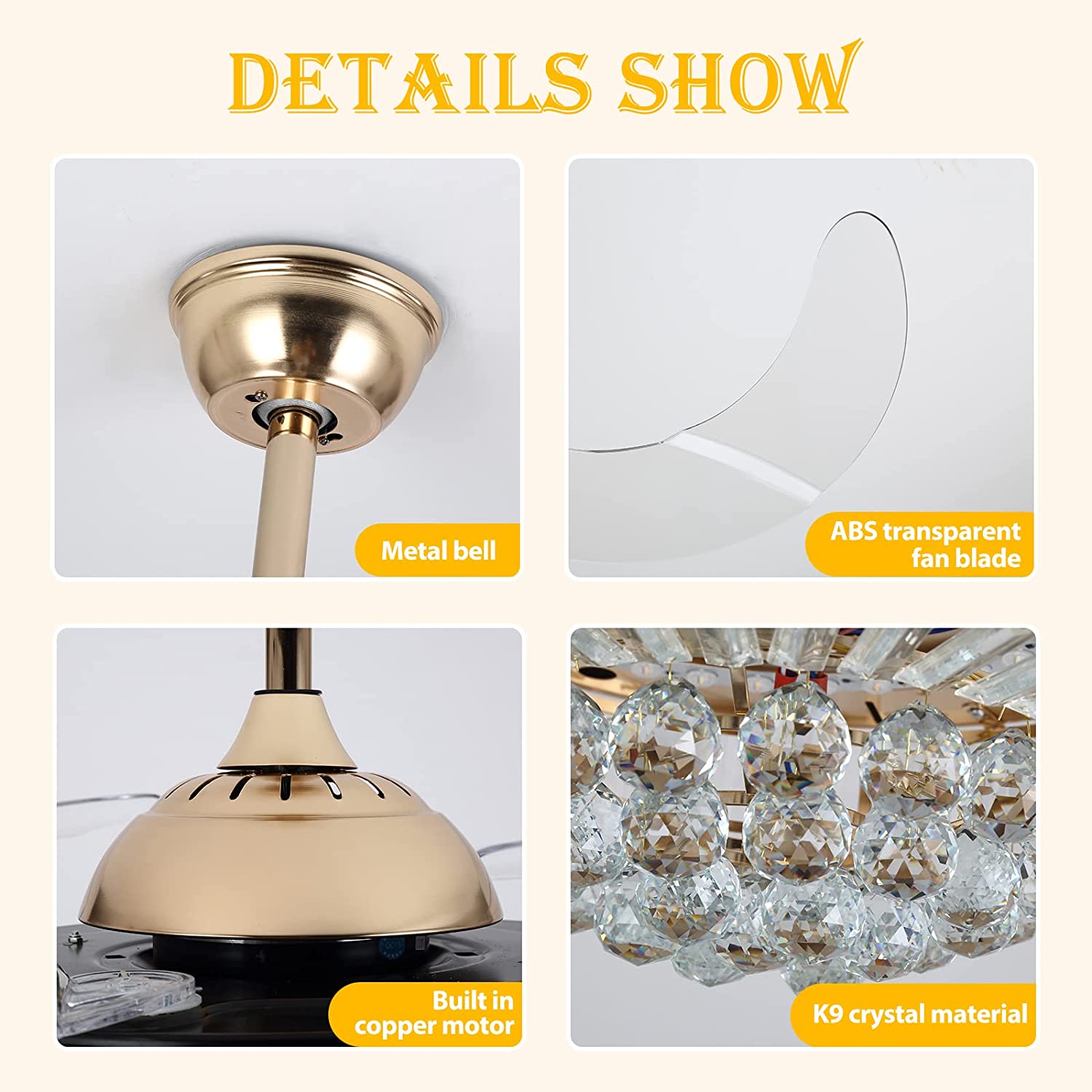 Datingday 42 Inch Crystal Ceiling Fan Golden Crystal Ceiling Fan Chandelier with Remote 6 Speeds 3 Colors Changes Lighting Fixture, 4 Blades Retractable Fans for Bedroom Living Room Dining Room - Image 7