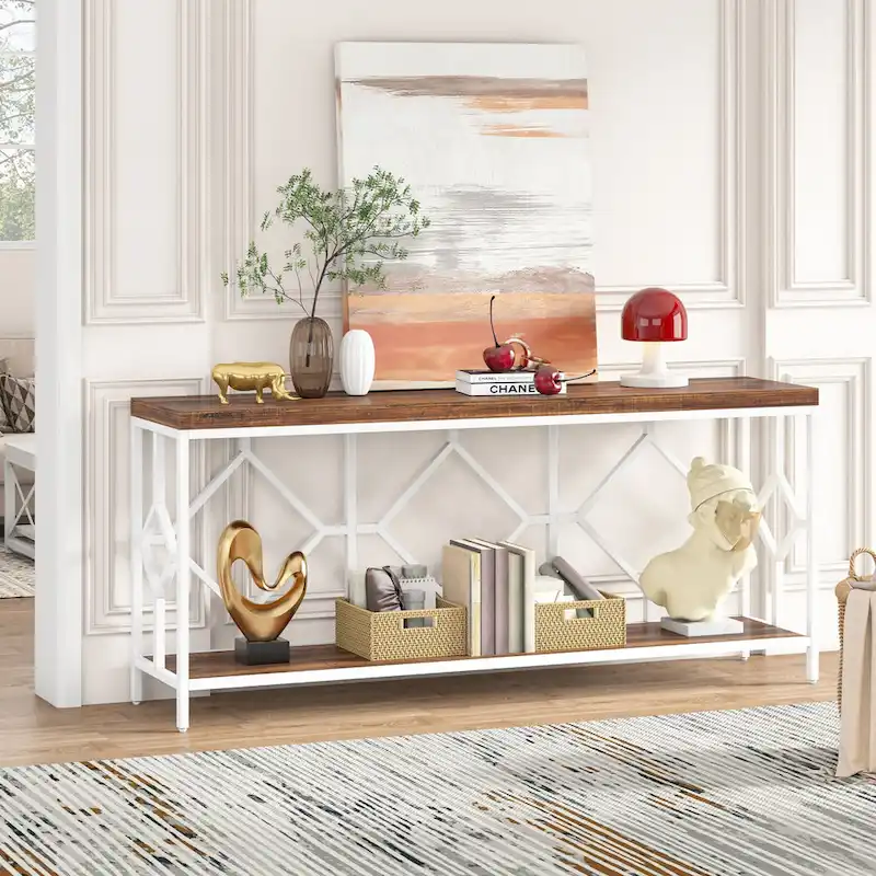 70.9-Inch Industrial Sofa Console Table with Open Storage Shelf - Extra Long Narrow Entry Table for Behind Couch