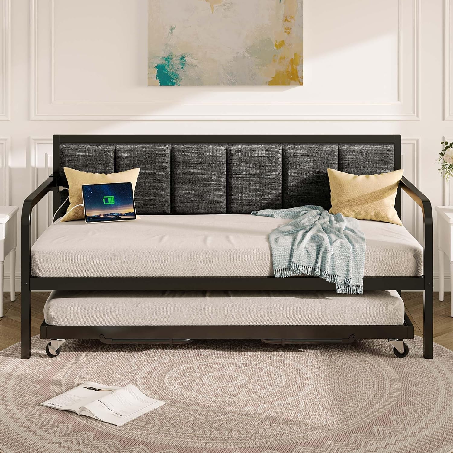 Rolanstar Daybed with Charging Station and LED Lights Height Adjustable Twin Daybed