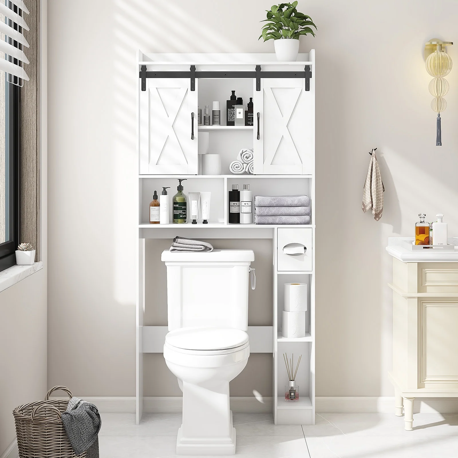 Over The Toilet Storage Cabinet, Farmhouse Storage Cabinet Over Toilet with Sliding Doors-Home Space-Saving Toilet Rack, for Bathroom, Restroom, Laundry - Image 9