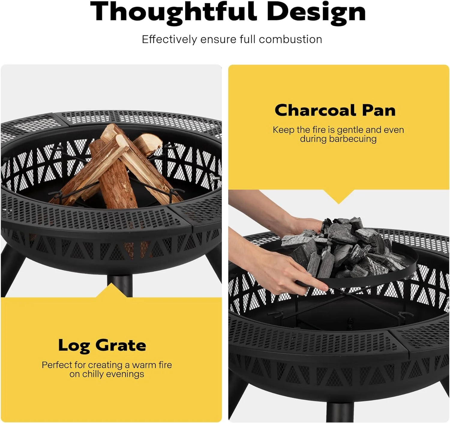 SPECSTAR 3-in-1 Fire Pit-35 in Wood Burning Firepits with Cooking Grill Grate & Charcoal Pan & Cover Lid, Metal Table for Backyard Bonfire BBQ Outdoor Camping Picnic - Image 2