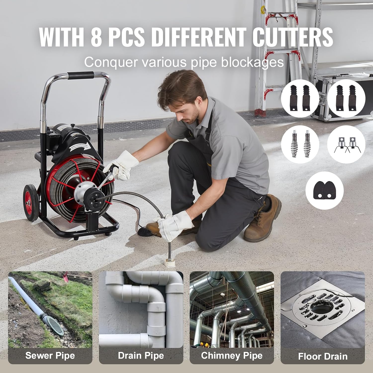 Drain Cleaner Machine 100FT x 1/2 Inch, Auto Feed Sewer Snake Auger on Wheels, 550W Portable Drain Cleaning Machine with 8 Cutters & Air-activated Foot for 2" to 4" Pipes