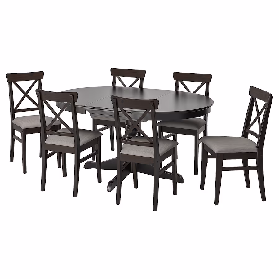 INGATORP / INGOLF Table and 6 chairs, black/Nolhaga gray/beige, 43 1/4/61 
