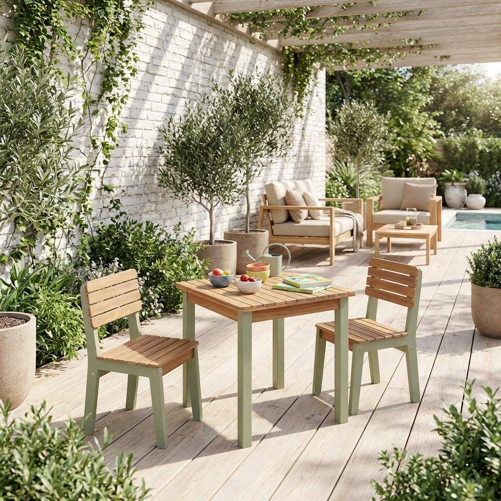 Caroline - Mesa infantil de madera interior/exterior con 2 sillas