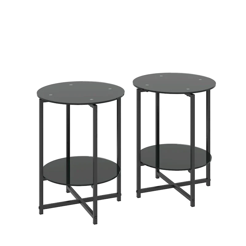 Black 2-Piece Tempered Glass End Table Set - Round Coffee Table for Bedroom, Living Room, and Office