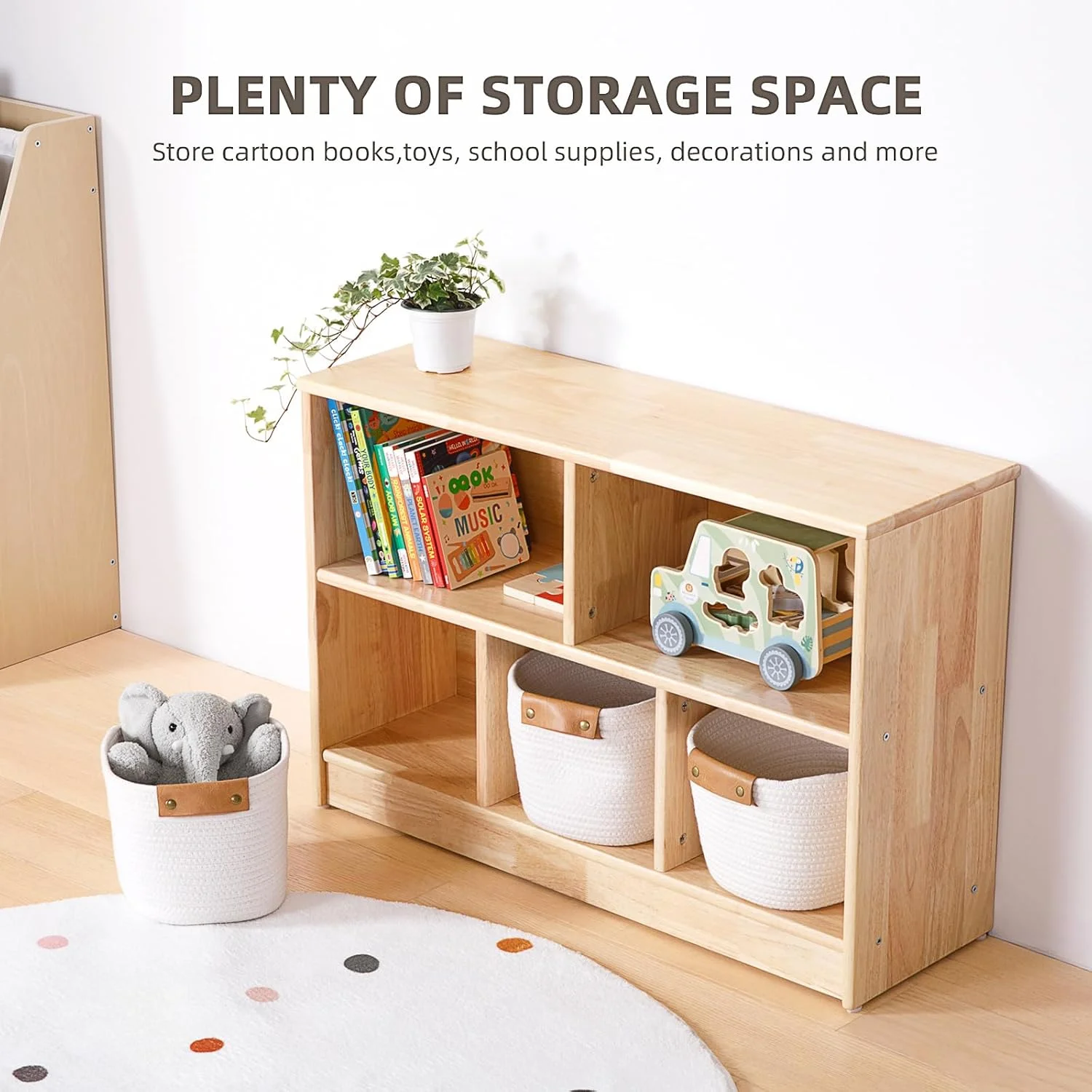 Rubber Wood 5-Compartment Montessori Shelf, 35.4" L Toddler Bookshelf, 2-Tier Wooden Storage Cabinet, Kids Classroom Organizer, Playroom, Daycare and Preschool Storage Shelves - Image 3