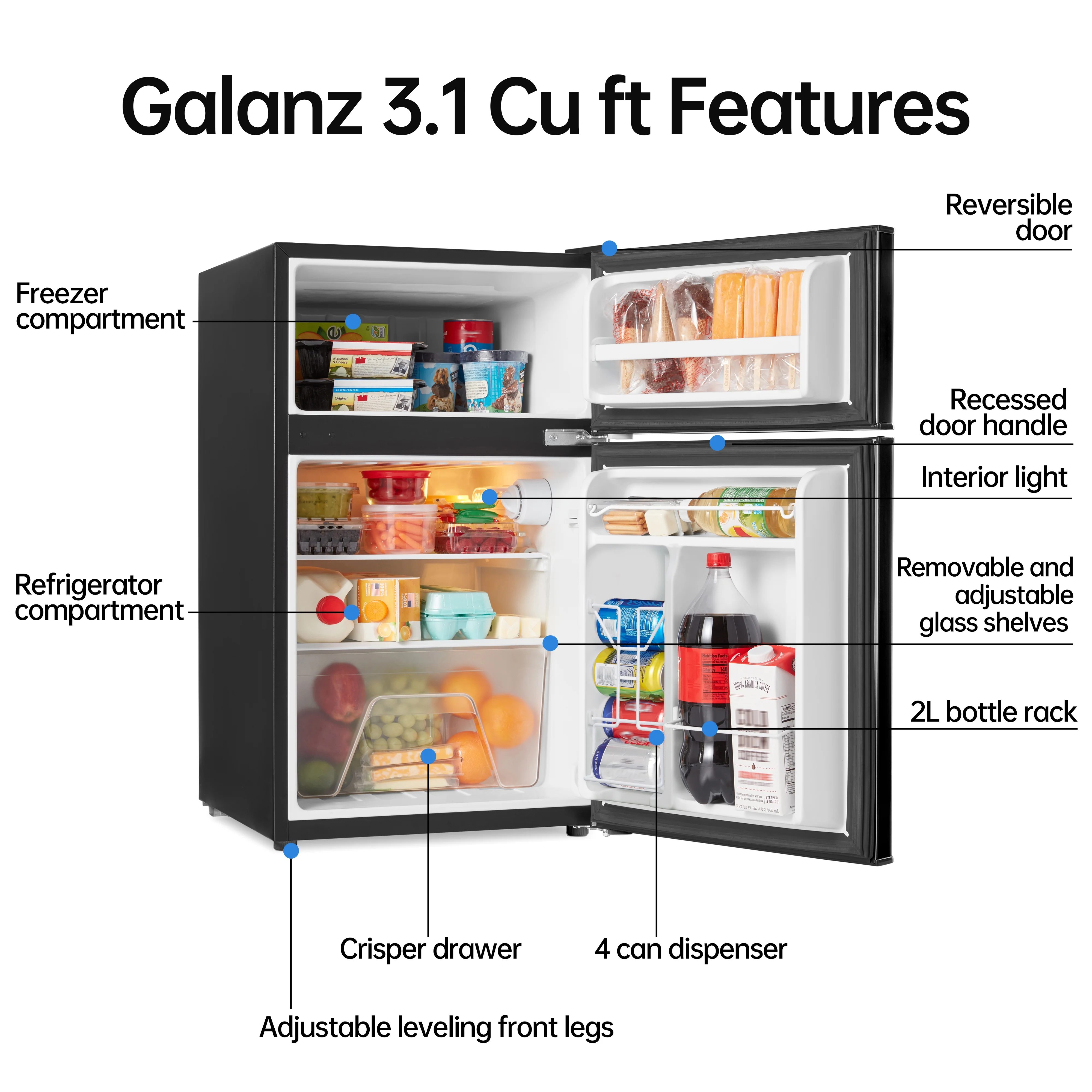 Galanz 3.1 Cu ft Two Door Mini Fridge, Black, New - Image 4
