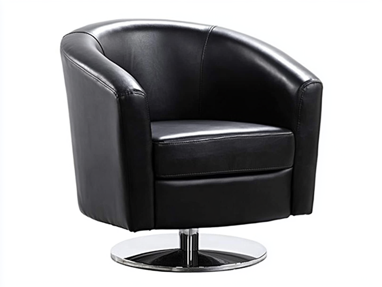 Sillón reclinable de cuero negro con base giratoria, cómodo y moderno, ideal para oficinas y hogares.