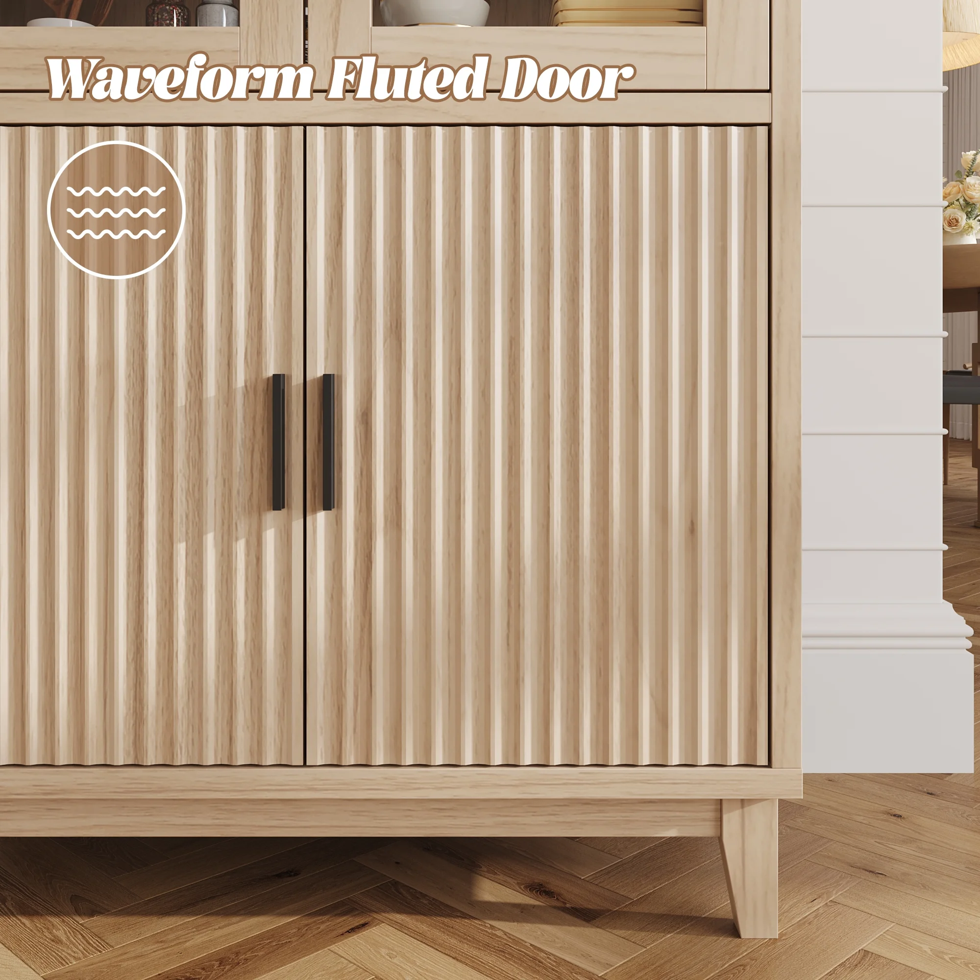 VEANERWOOD 71" Tall Arch Cabinet, Wood Fluted Kitchen Kitchen Storage Cabinet with 4 Doors and 6 Shelves for Dining Room Living Room - Image 24