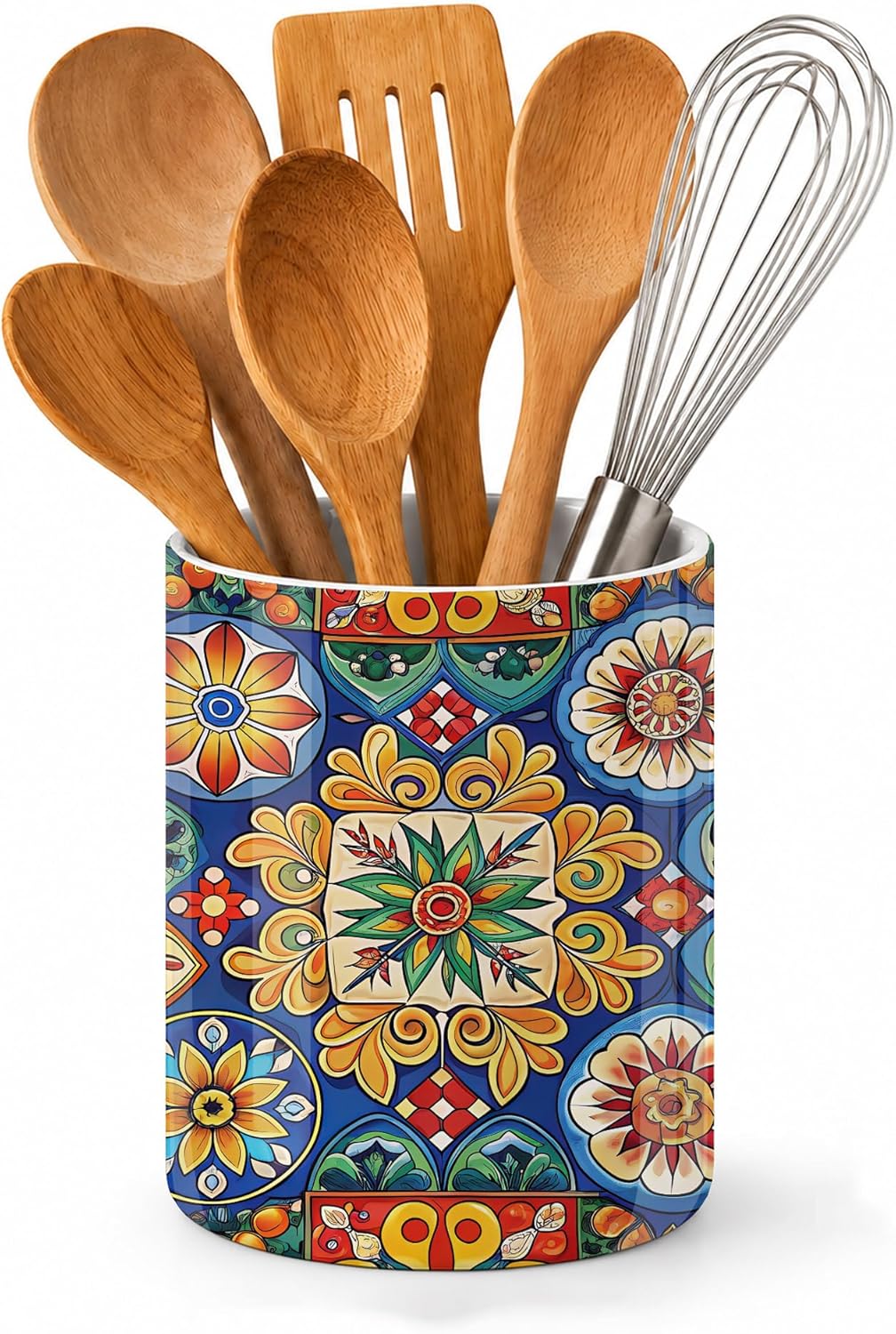 Japanese Waves Kitchen Utensil Holder,Sunrise Cherry Blossoms Ceramic Utensil Crock for Countertop,Cooking Tools Storage jar for Spatulas and Spoons,Housewarming Gifts 6.3