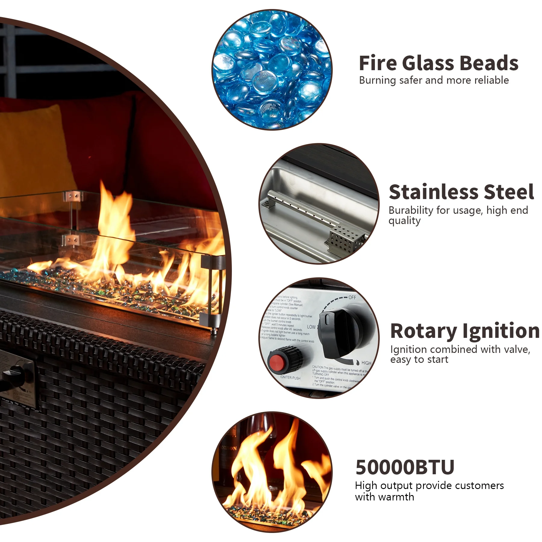 HOMREST Propane Fire Pit Table, 44 Inch 50,000 BTU Auto-Ignition Gas Fire Pit Table Rectangular /w Glass Wind Guard, Wood Plastic Composites Tabletop, CSA Certification Firepit for Outdoor Patio Lawn - Image 13