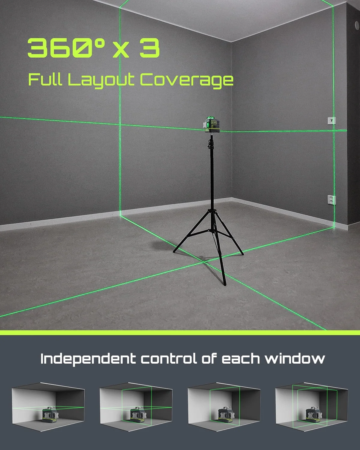 Laser Level 3x360- LASGOO with Remote Control, 2 Rechargeable Batteries, 100FT Range, 360- Magnetic Rotating Stand, IP54, 3Ds